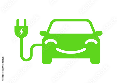 Smile electric car with plug icon symbol design, EV car hybrid vehicles charging point logotype, Eco vehicle concept, Vector illustration