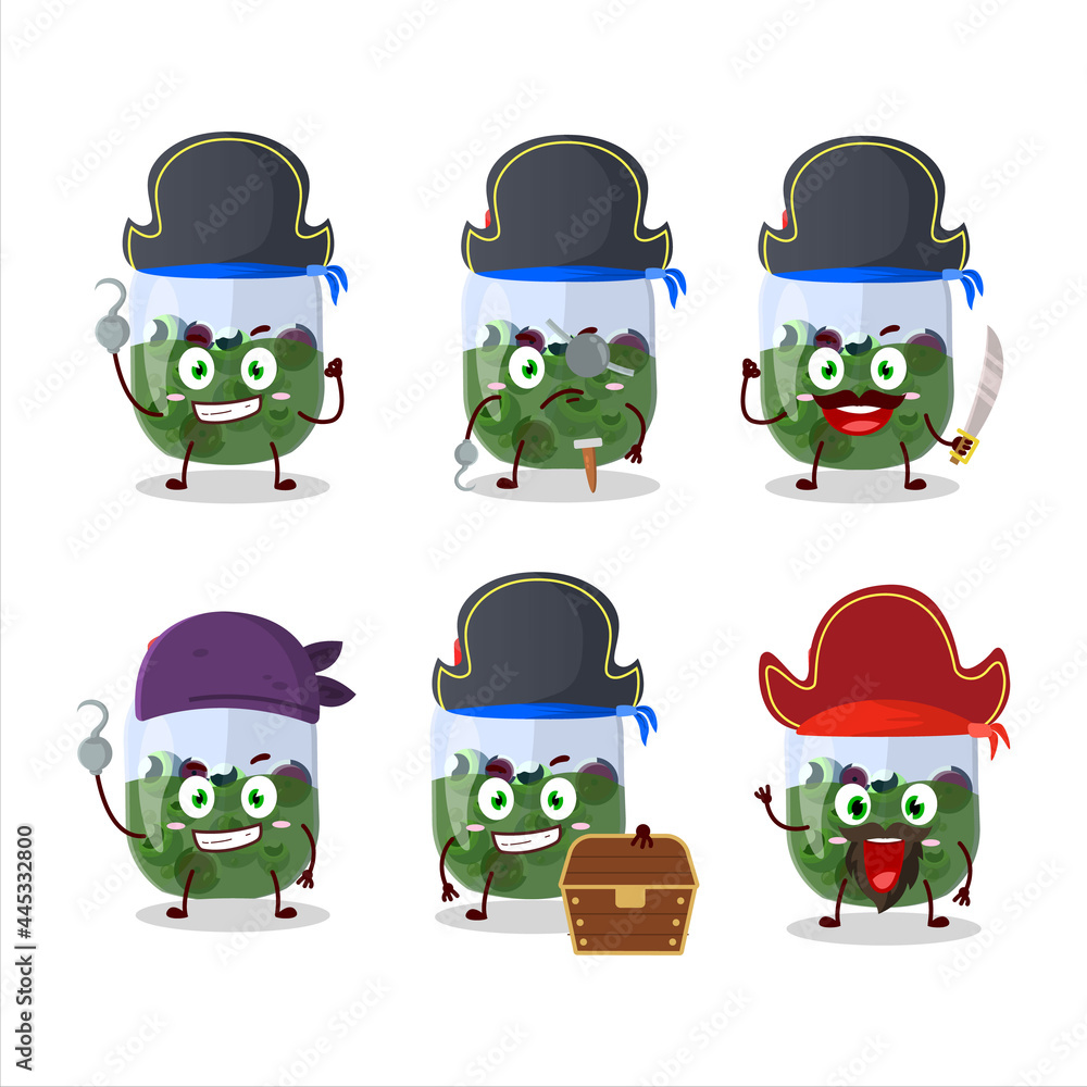 Cartoon character of eyeball in jar with various pirates emoticons Cartoon character of eyeball in jar with various pirates emoticons