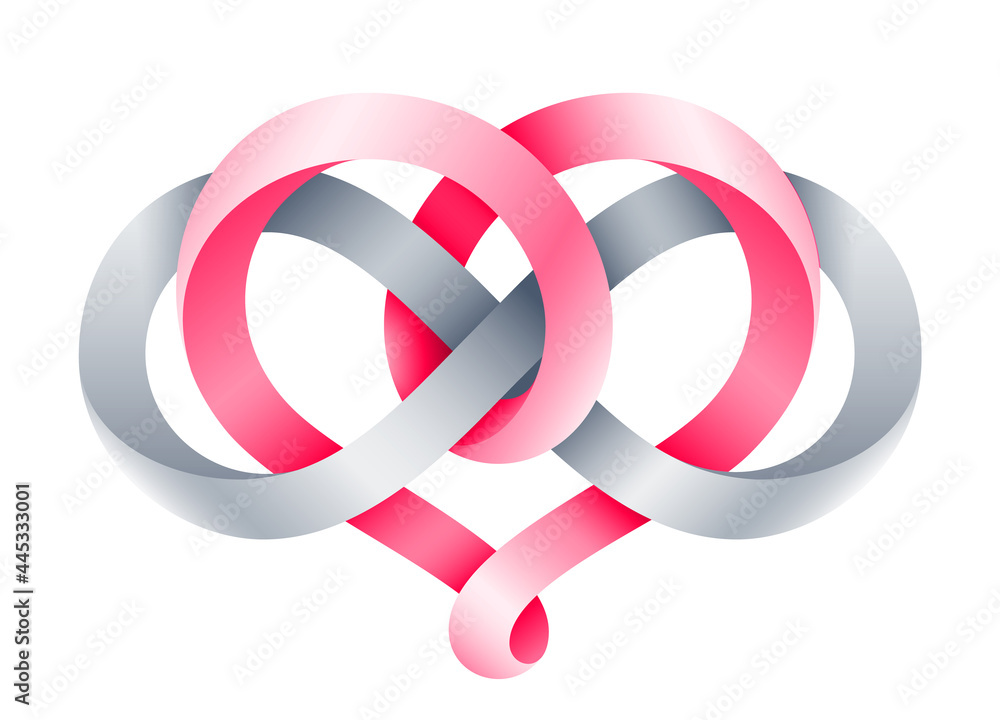 Heart sign intertwine with infinity symbol made of pink and silver mobius stripes. Symbol of harmonic eternal love. Heart sign intertwine with infinity symbol made of pink and silver mobius stripes. Symbol of harmonic eternal love.