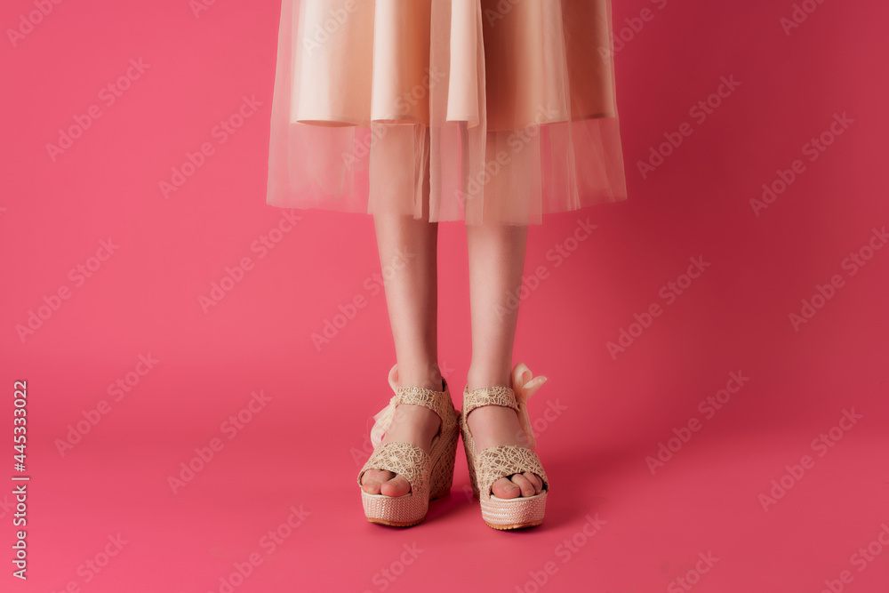fashion shoes cropped view female feet pink background cropped view