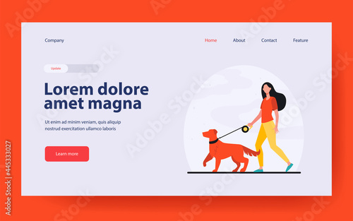 Young woman walking dog on leash. Girl leading pet in park flat vector illustration. Animal care, adoption, lifestyle concept for banner, website design or landing web page