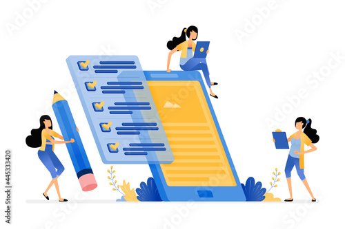 mobile apps data collection by filling out surveys and questionnaires. vector illustration concept can be use for landing page, template, ui ux, web, mobile app, poster, banner, website, flyer, ads