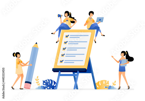 Fill out surveys and business checklist at company planning meetings. Vector illustration concept can be use for landing page, template, ui ux, web, mobile app, poster, banner, website, flyer, ads