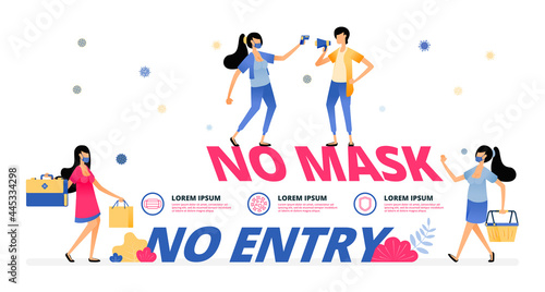 Vector illustration of mandatory warning sign to wear a mask to market and shopping center. Information of NO MASK NO ENTRY. Design can be for landing page, website, poster, mobile app, web, post