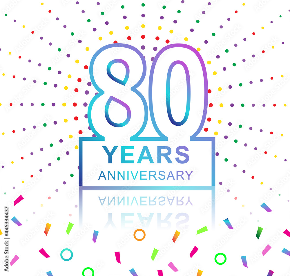 80th years anniversary celebration with colorful design with fireworks and colorful confetti isolated on white background. for birthday celebration. 80th years anniversary celebration with colorful design with fireworks and colorful confetti isolated on white background. for birthday celebration.