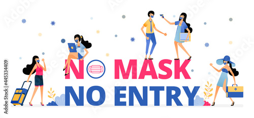 Vector illustration of mandatory warning sign to wear a mask while on vacation or traveling. Information of NO MASK NO ENTRY. Design can be for landing page, website, poster, mobile app, web, brochure
