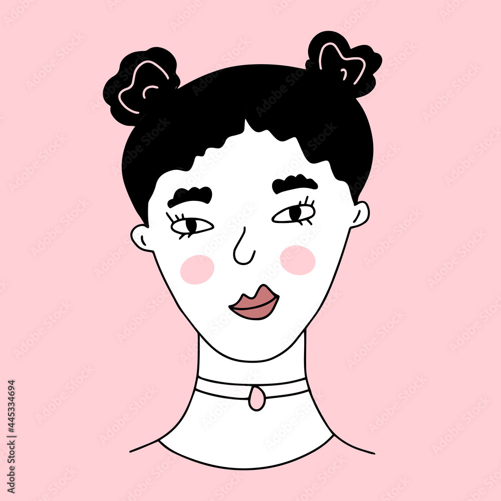 Fototapeta premium Simple vector portrait of beautiful young woman with black hair, two buns, wearing choker. Style of 2000s, y2k. Flat illustration. Every element is isolated on pink background.