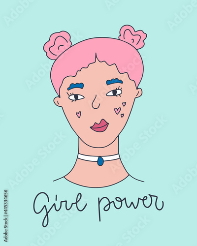 Simple vector portrait of beautiful young woman with full red lips, pink hair, wearing choker. Calligraphy of girl power. Flat illustration is on blue background. Poster to International women's day. photo