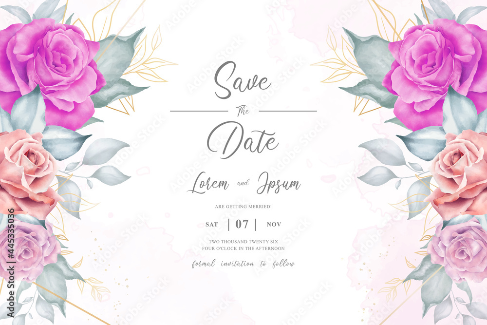 elegant wedding invitation design template with watercolor flower and leaves