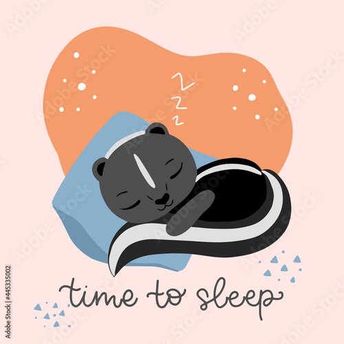 Vector illustration. Cute black skunk is sleeping on blue pillow. Calligraphy of time to sleep. Every element is isolated. Concept of care yourself, relax. Design for nursery, kids, children room.