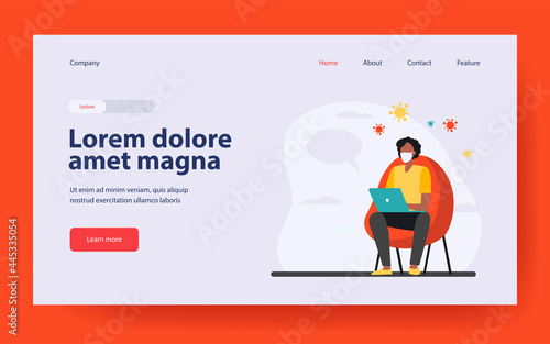 Man in mask using laptop for online chat with doctor. Video call, medical consultation flat vector illustration. Covid, epidemic, help concept for banner, website design or landing web page