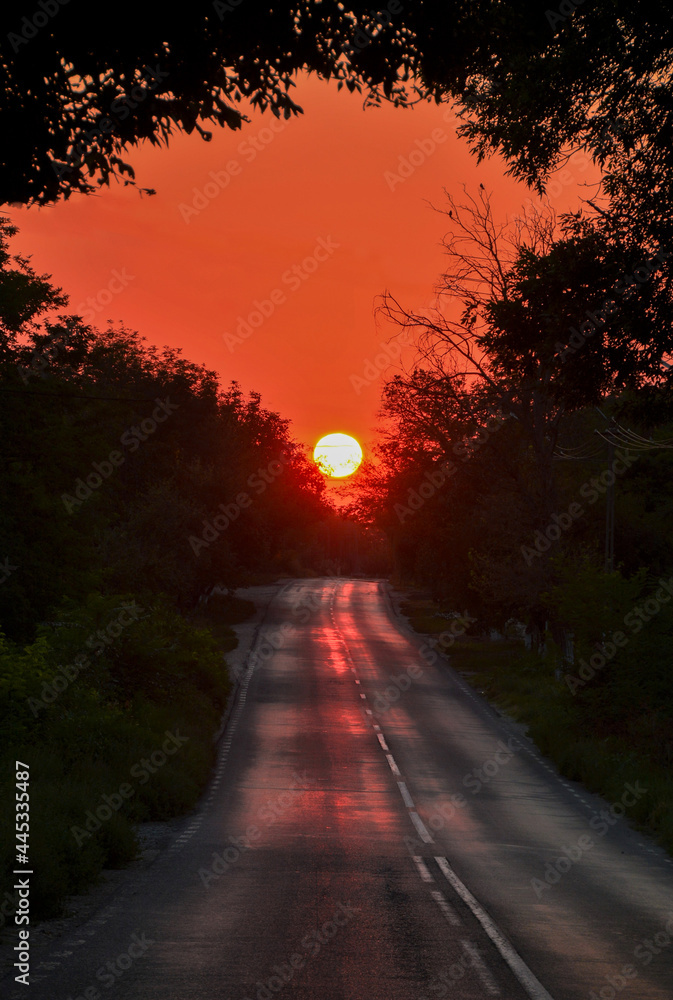 landscape with sunset at the end of the road