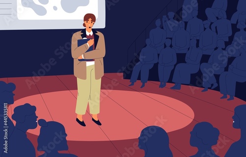 Shy nervous unconfident woman standing on stage before audience. Anxious frightened mute speaker. Fear of public speaking concept. Person feeling fright during her speech. Flat vector illustration