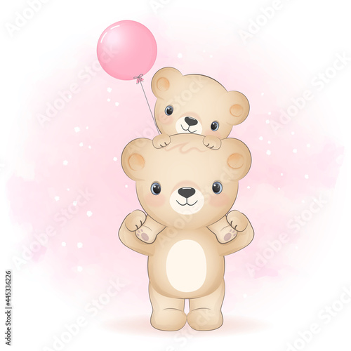 Cute bear carry little bear on back animal watercolor illustration