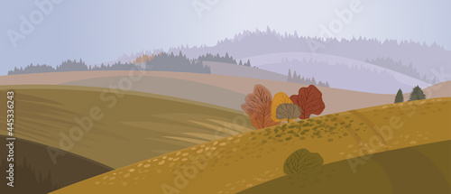 Autumn panoramic landscape in flat cartoon style, splash for cover or postcard. Carpathians - nature of mountains and fields, template for the seasonal calendar.
