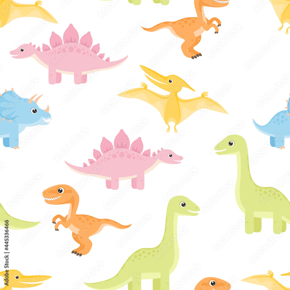 Cute dinosaurs seamless pattern. Childish background with funny cartoon animals. Vector simple flat illustration.