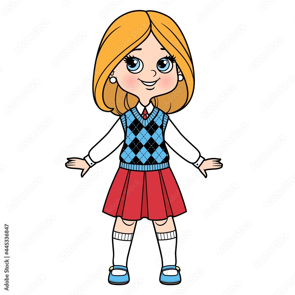 Cute cartoon girl with bob hairstyle dressed in school uniform color variation for coloring page isolated on white background Cute cartoon girl with bob hairstyle dressed in school uniform color variation for coloring page isolated on white background