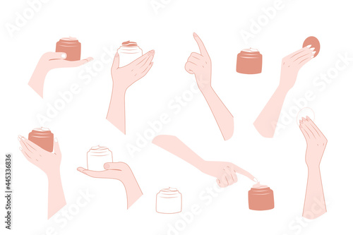 A set of different hand positions with face cream. Facial care. Vector illustration on a white background