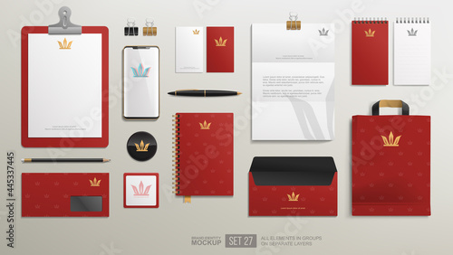 Personal Branding Identity design on business stationery items mockup set with Golden Crown logo icon. Crown logo. Office equipment. Corporate Identity Luxury style Mockup set