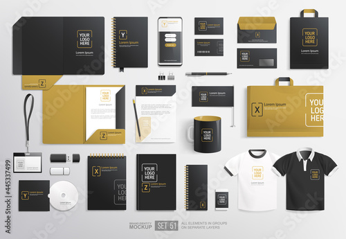 Realistic Mock-up Black and Gold Branding Stationary items and objects. Minimalistic Corporate Brand Identity design on stationery elements, A4 letterhead blank folder, mug,paper bag. Vector template photo