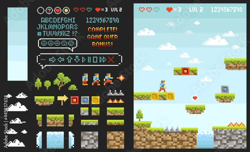 Pixel art 8 Bit arcade video game level design creator of ground, texture, grass, trees, sky, clouds, character, levels. Set of Indie adventure game. Arcade elements for quest design
