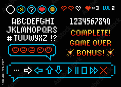 Pixel Art 8 bit Game Font and numbers with icons set speech bubble for space arcade design. Retro pixel alphabet and numbers typeface. Editable pixel font, text bubble and game navigation buttons