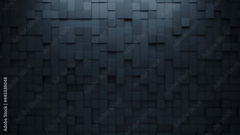 Polished, Black Mosaic Tiles arranged in the shape of a wall. Semigloss, Square, Bricks stacked to create a 3D block background. 3D Render Polished, Black Mosaic Tiles arranged in the shape of a wall. Semigloss, Square, Bricks stacked to create a 3D block background. 3D Render