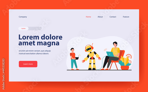 Happy father and son playing with robot. Laptop, kid, cyborg flat vector illustration. Robotics and digital technology concept for banner, website design or landing web page