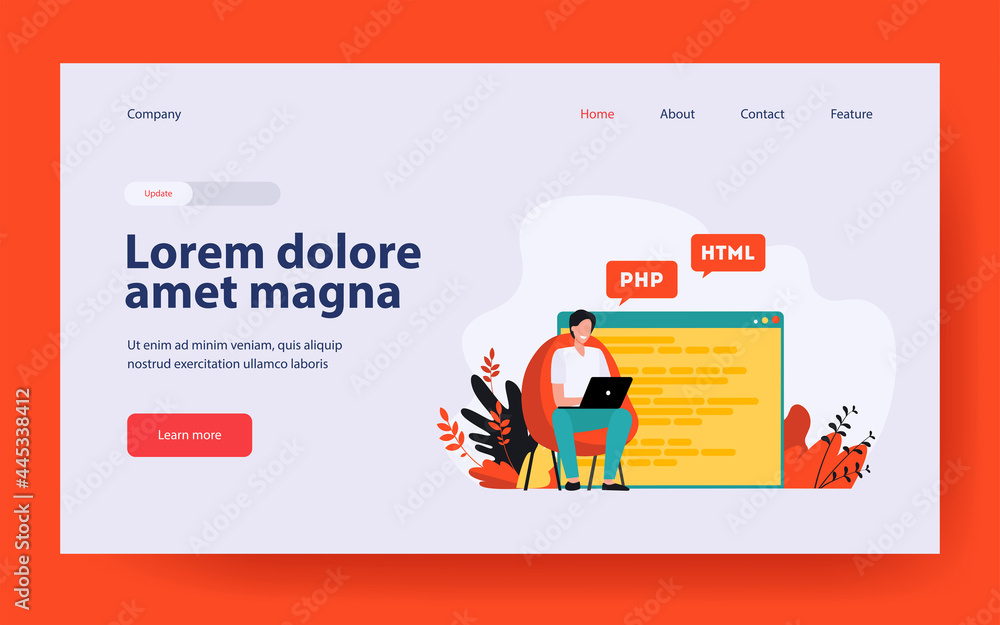 Developer writing code for website. Laptop, computer, designer flat vector illustration. Coding and programming concept for banner, website design or landing web page Developer writing code for website. Laptop, computer, designer flat vector illustration. Coding and programming concept for banner, website design or landing web page