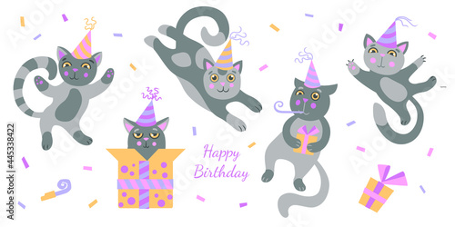 Cute cats in various poses, a birthday cap on the head, the cat is whistling in a birthday whistle, the cat sits in a gift box. Set. Poster, postcard.