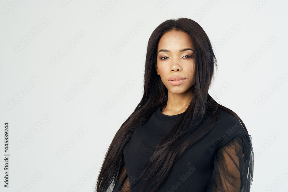 woman african dark shirt fashion hairstyle posing cropped view woman african dark shirt fashion hairstyle posing cropped view