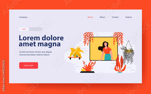 Woman sticking out from window with home plants. Houseplants, greenhouse, eco interior flat vector illustration. Household, housecleaning concept for banner, website design or landing web page