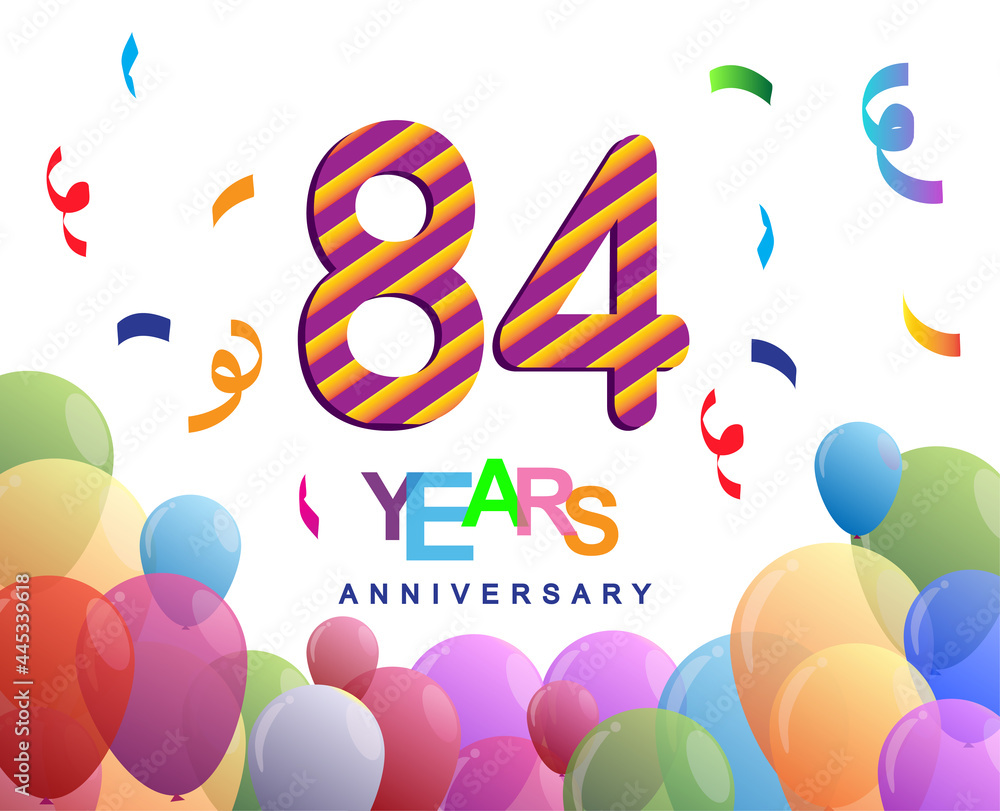 84th years anniversary celebration with colorful balloons and confetti, colorful design for greeting card birthday celebration