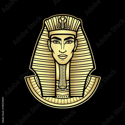 Animation portrait Egyptian man. Gold imitation. Vector illustration isolated on a black background. Print, poster, t-shirt, tattoo.