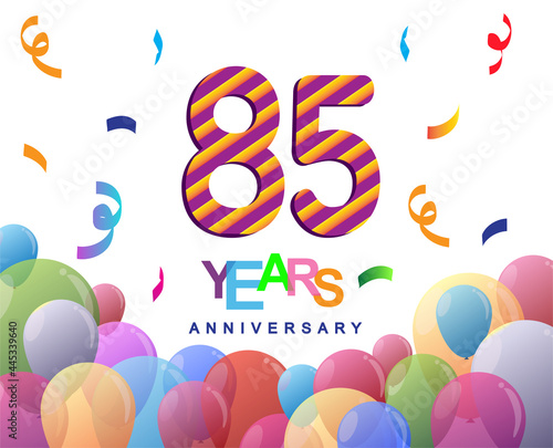 85th years anniversary celebration with colorful balloons and confetti, colorful design for greeting card birthday celebration photo