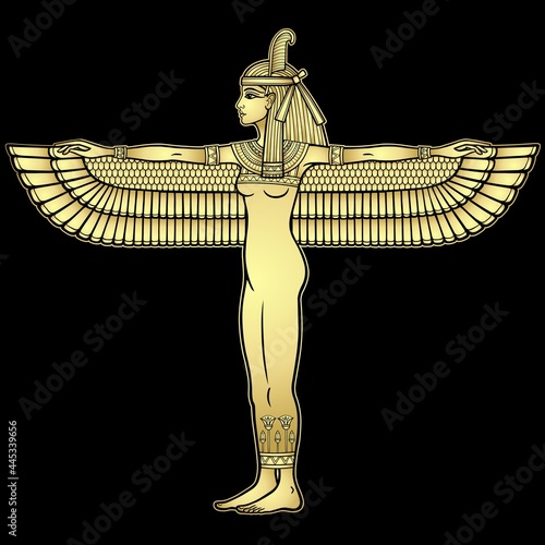 Animation  portrait: winged goddess of justice Maat. Full growth. Profile view. Gold imitation.  Vector illustration isolated on a black background. Print, poster, t-shirt, tattoo.