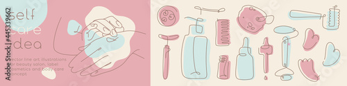 Self care body care linear icons. Cosmetic bundle illustrations. Beauty, fashion concept. Vector line drawing of female hands. Natural tone hue. Cosmetology accessories for label design or packaging.