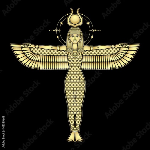Animation portrait: Egyptian winged goddess Isis with horns and a sun disk on her head. Full growth. Gold imitation. Vector illustration isolated on a black background. Print, poster, t-shirt, tattoo.