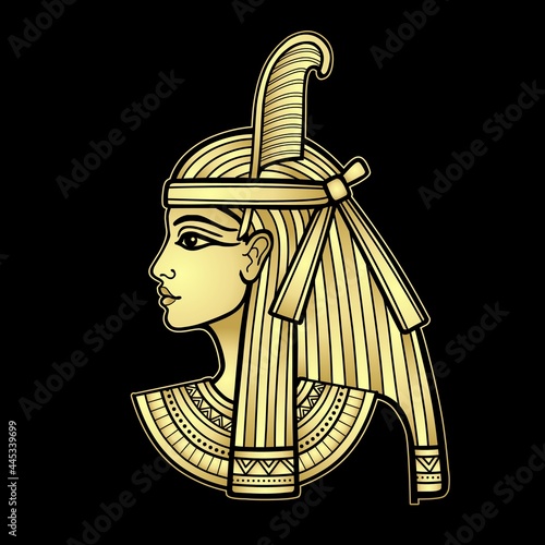 Animation  portrait of beautiful Egyptian woman. Goddess Maat. Gold Imitation. Profile view. Vector illustration isolated on a black background. Print, poster, t-shirt, tattoo.