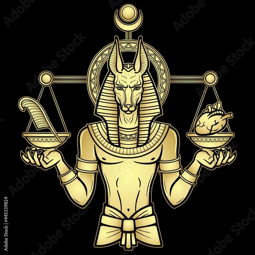 Animation portrait: Egyptian God Anubis measures the human heart and pen on sacred scales. God of death.Gold imitation.  Vector illustration isolated on a black background. Print, poster, t-shirt