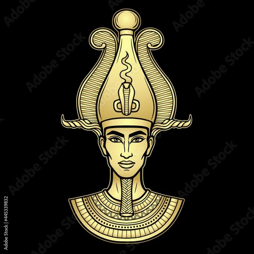 Animation portrait Egyptian man n the crown. God Osiris. Gold imitation. Vector illustration isolated on a black background. Print, poster, t-shirt, tattoo.