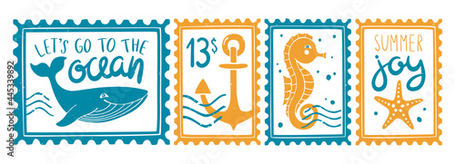 Sea post stamp set. Whale and "let's go to the ocean" lettering, face value of 13 dollars with an anchor, seahorse, starfish and "summer joy" phrase. Vector flat hand drawn illustration