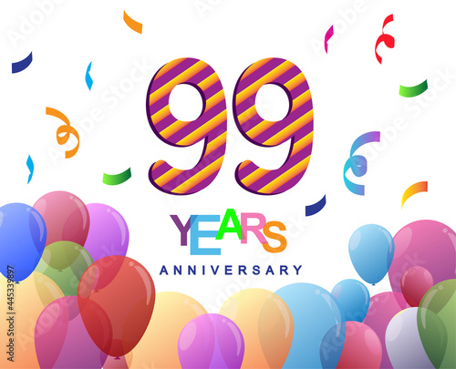 99th years anniversary celebration with colorful balloons and confetti, colorful design for greeting card birthday celebration photo