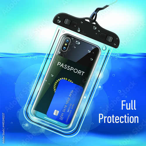 Realistic close-up. Vector graphics. Waterproof case for smartphone for underwater shooting.	