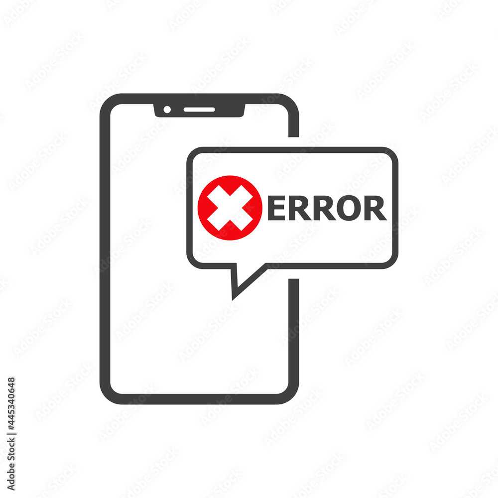 Icono smartphone con burbuja de habla con aspa y palabra error con lineas en color gris y rojo Icono smartphone con burbuja de habla con aspa y palabra error con lineas en color gris y rojo