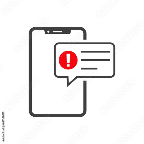 Icono smartphone con burbuja de habla con símbolo atención con lineas en color gris y rojo