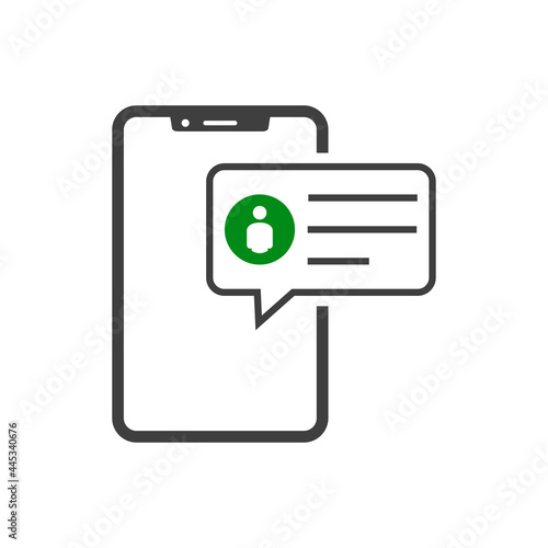 Icono smartphone con burbuja de habla con símbolo usuario con lineas en color gris y verde