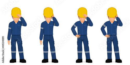 Set of industrial worker put his hand on his head on white background