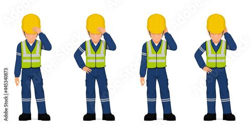 Set of industrial worker put his hand on his head on white background