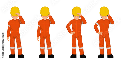 Set of industrial worker put his hand on his head on white background